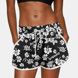 Women’s Black & White Floral Board Shorts | Drawstring Swim Shorts with Pockets